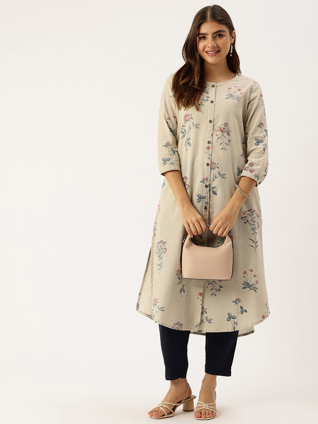 Beige Floral Printed A Line Kurta