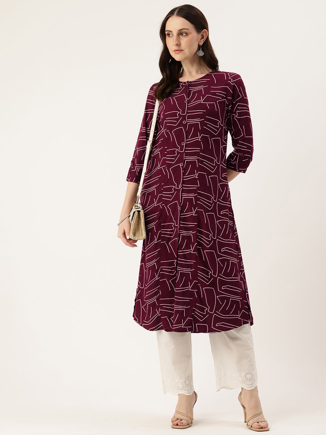 Maroon Geometric Printed A-Line Kurta