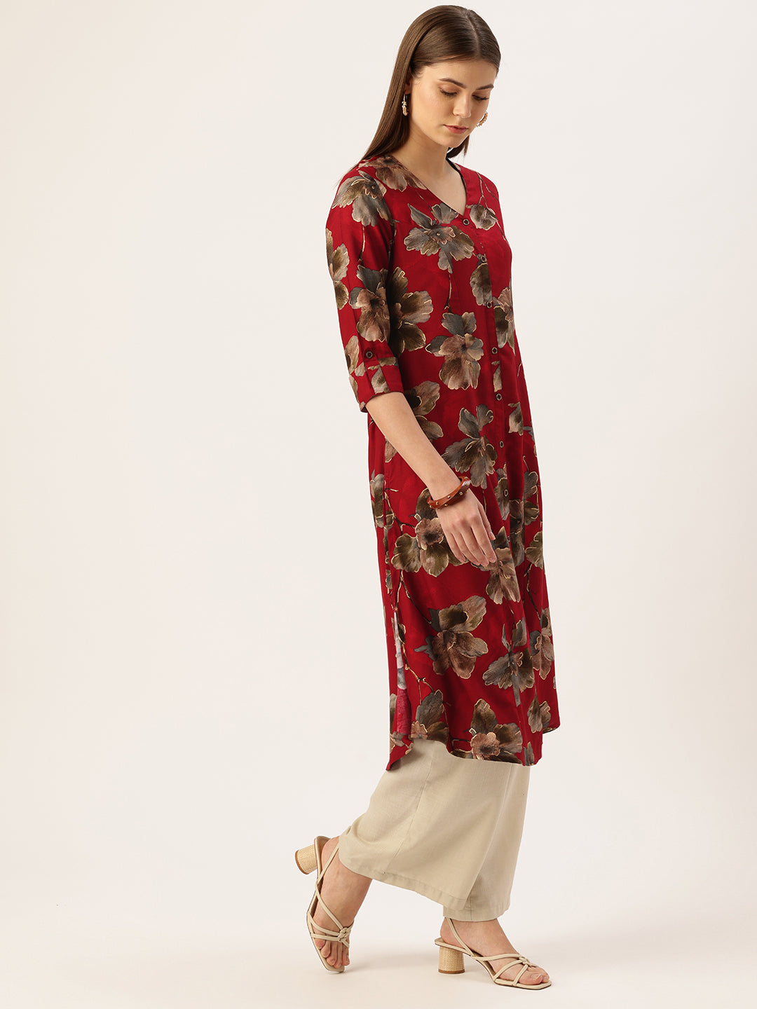 Red V - Neck Floral Printed A - Line Kurta