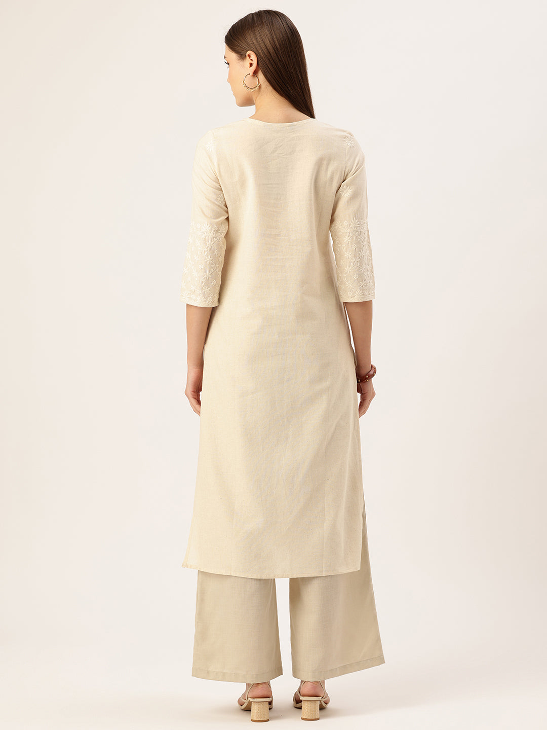 Beige Floral Embroidered Straight Kurta
