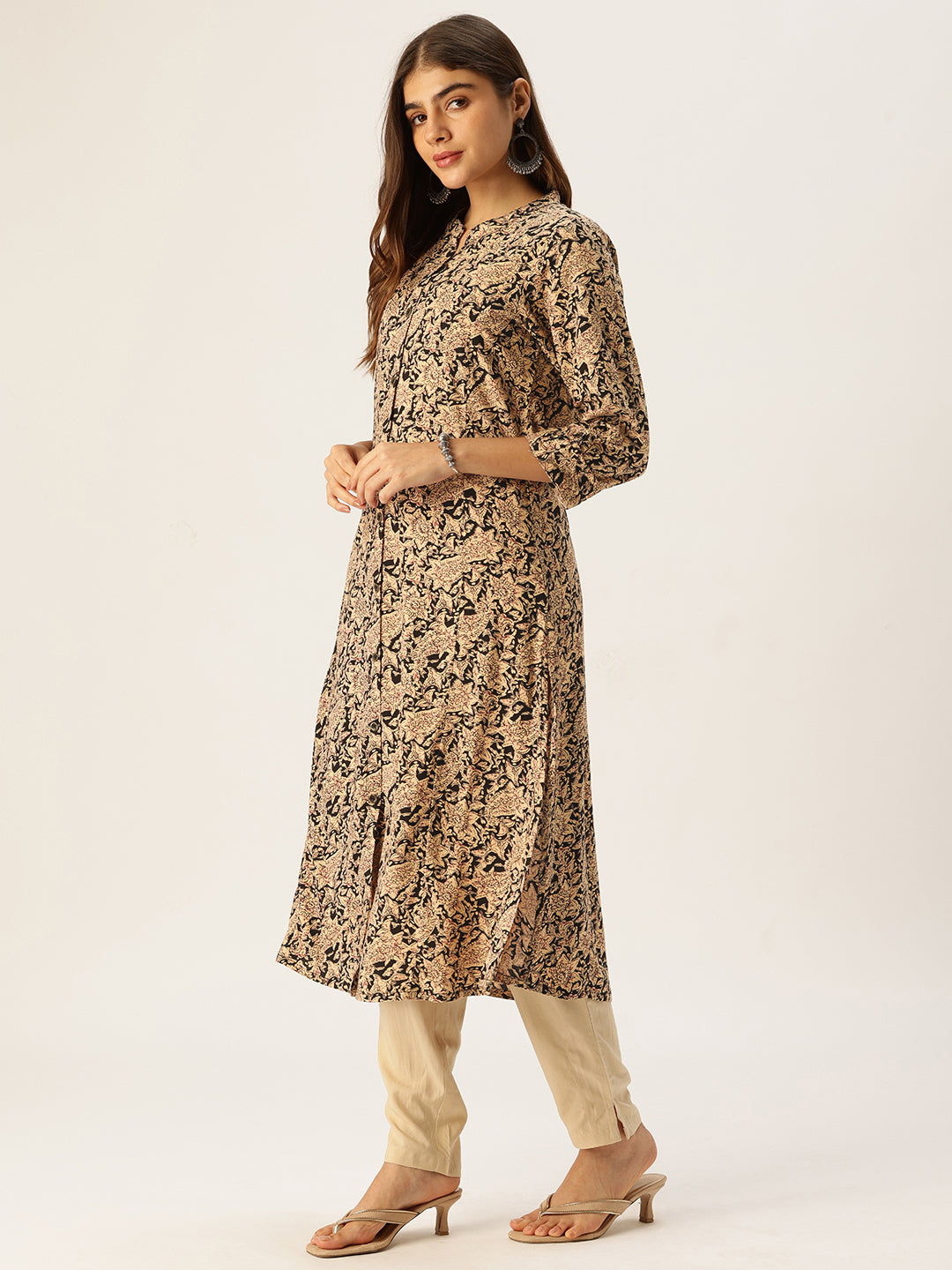 Beige Floral Printed A - Line Kurta