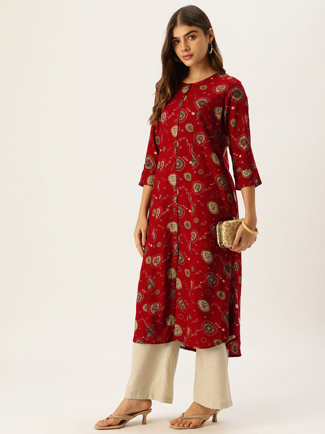 Red Printed A-Line Kurta