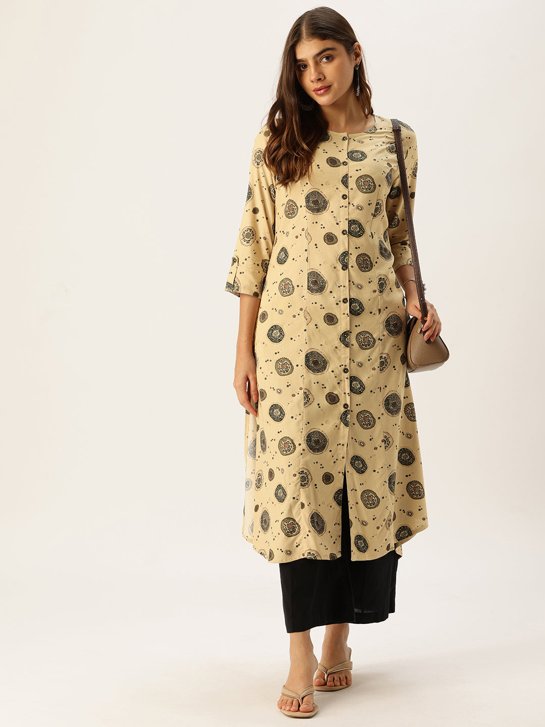 Beige Printed A - Line Kurta