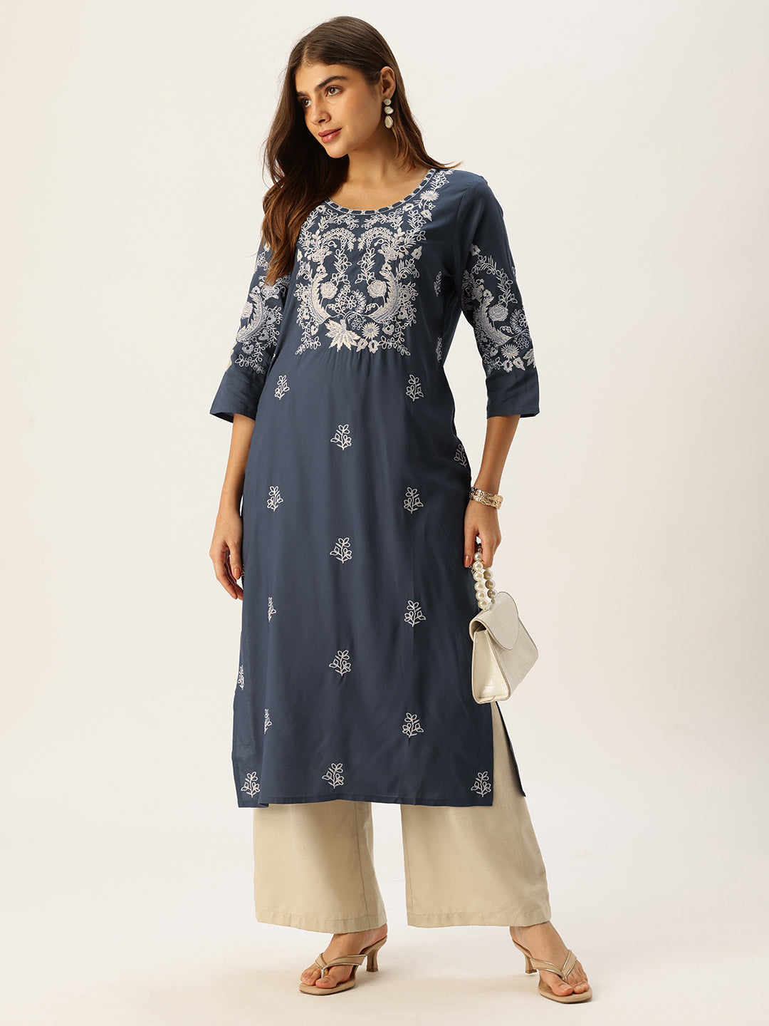 Blue Floral Embroidered Straight Kurta
