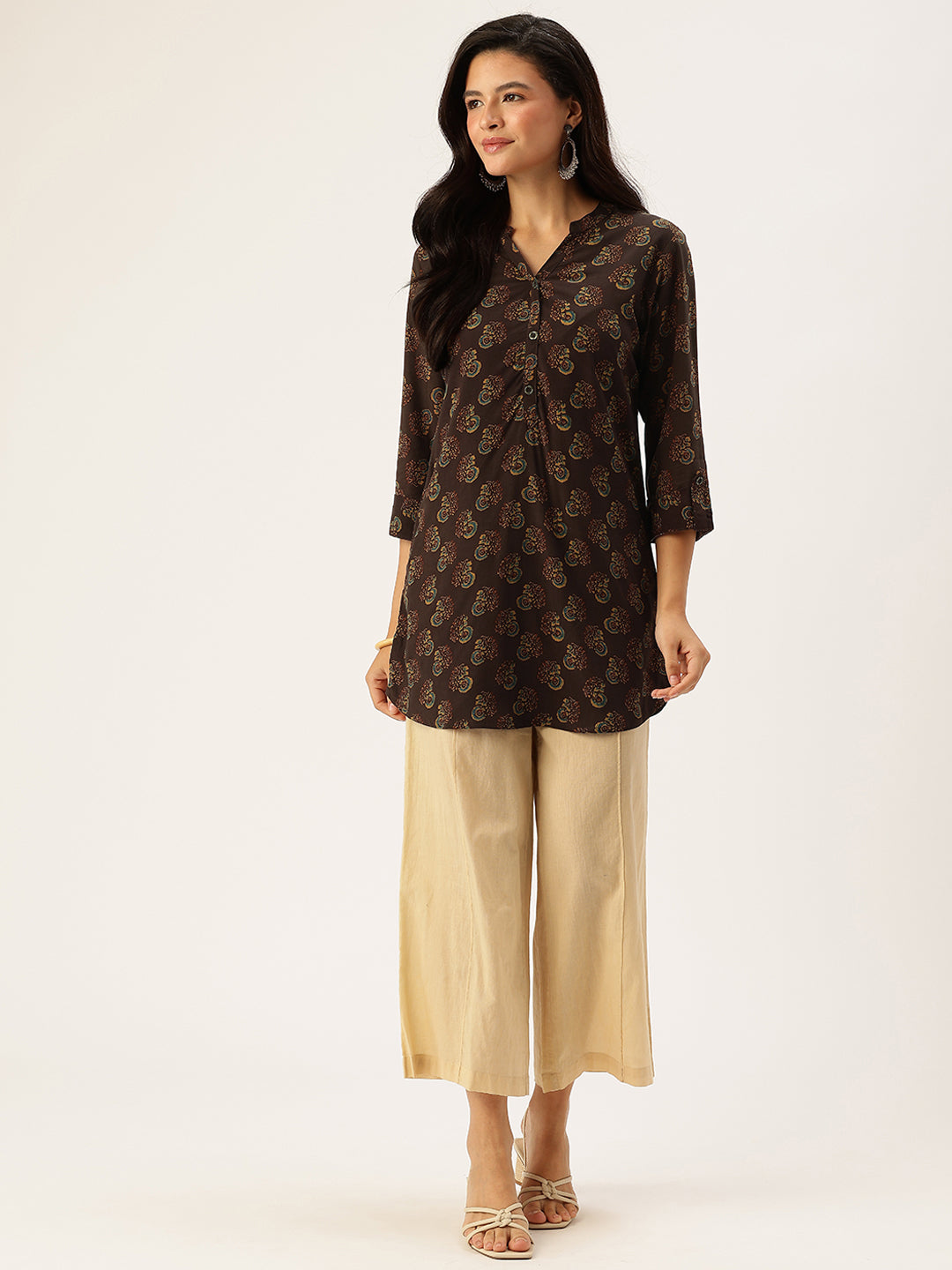 Brown Butti Printed Mandarin Collar Tunic