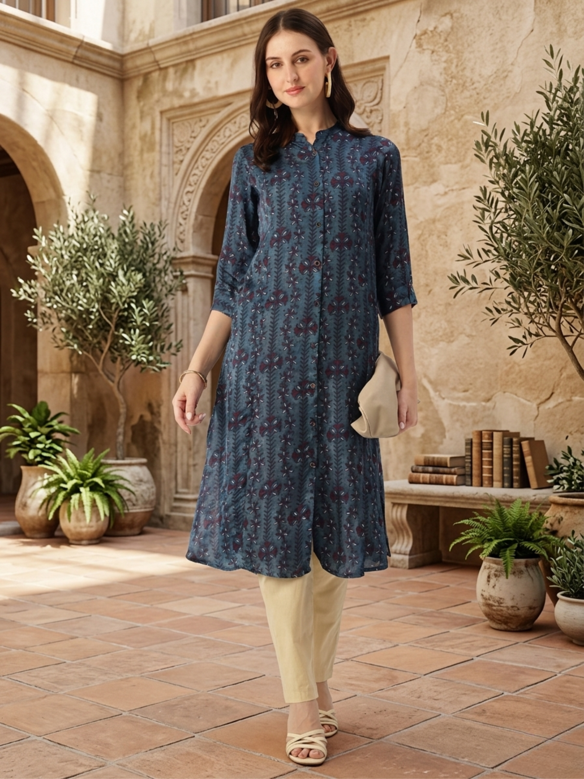 Blue Striped Mandarin Collar A-Line Kurta – Amukti