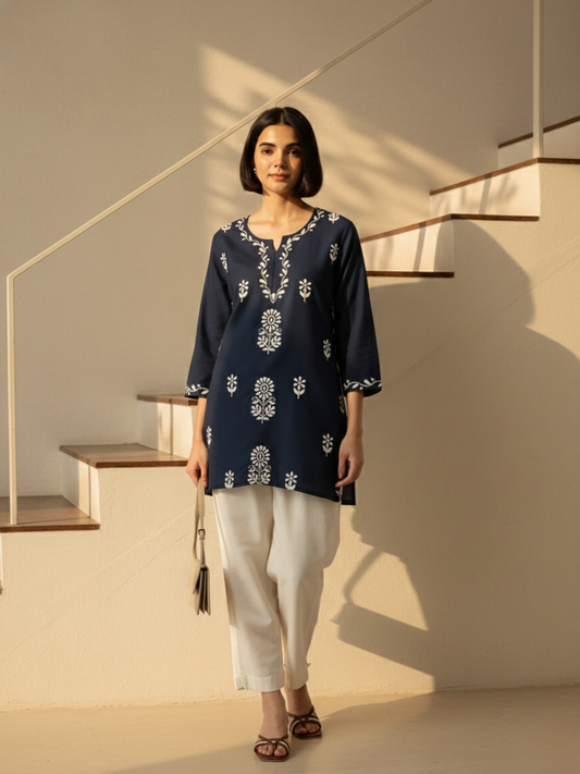 Blue Floral Embroidered Tunic