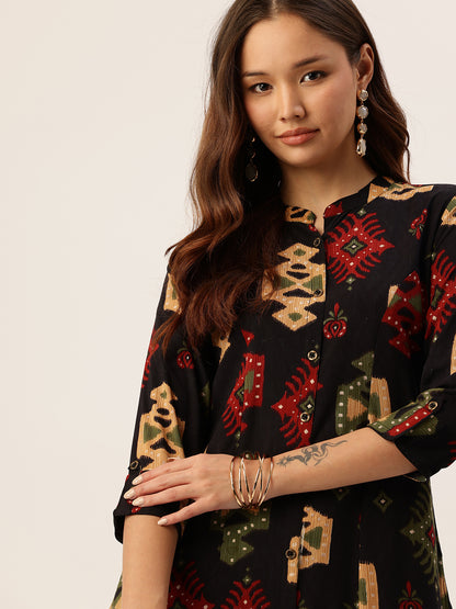 Black Geometric Printed A-Line Kurta