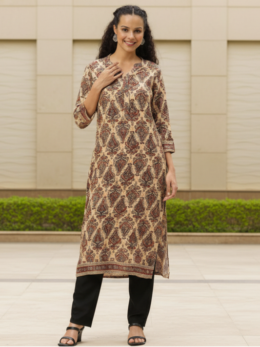 Beige Printed Straight Kurta