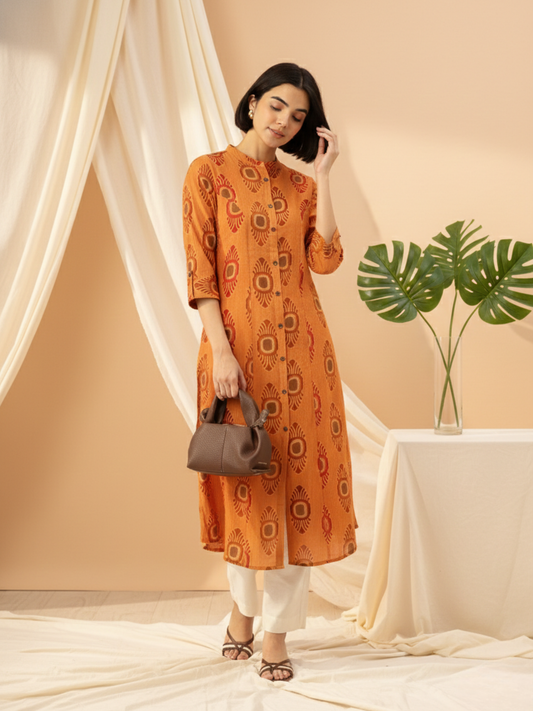 Yellow Ethnic Motifs Printed Mandarin Collar A-Line Kurta