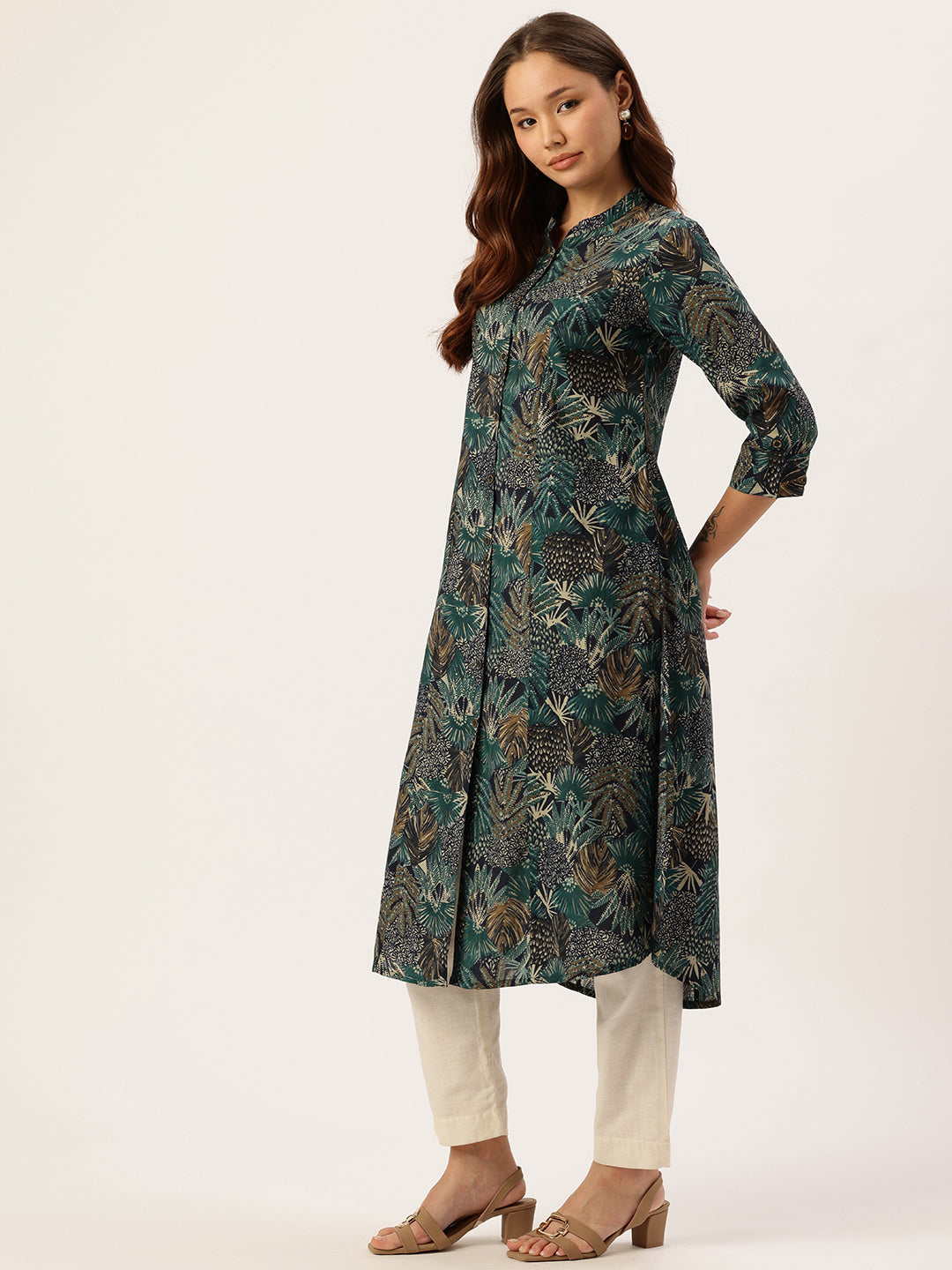 Green Tropical Printed A-Line Kurta