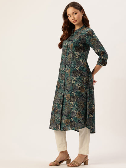Green Tropical Printed A-Line Kurta
