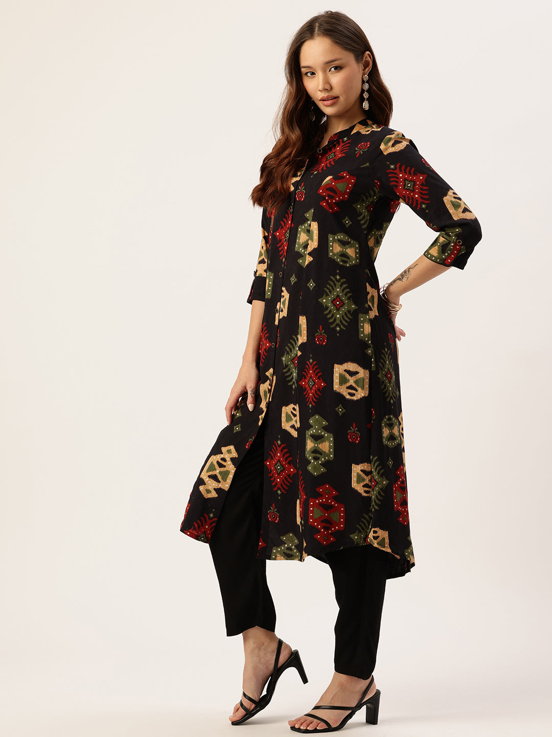 Black Geometric Printed A-Line Kurta
