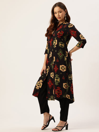 Black Geometric Printed A-Line Kurta