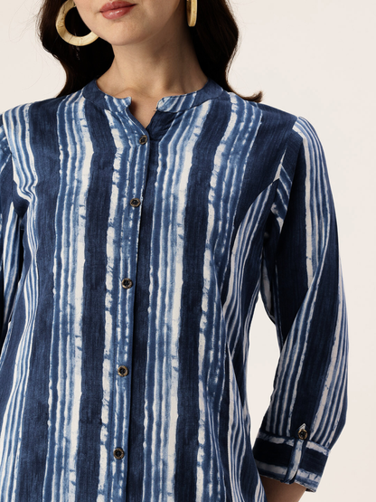 Blue Striped Mandarin Collar Kurta