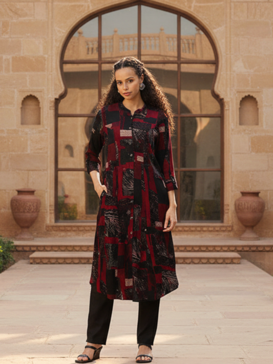 Red Geometric Printed Kurta