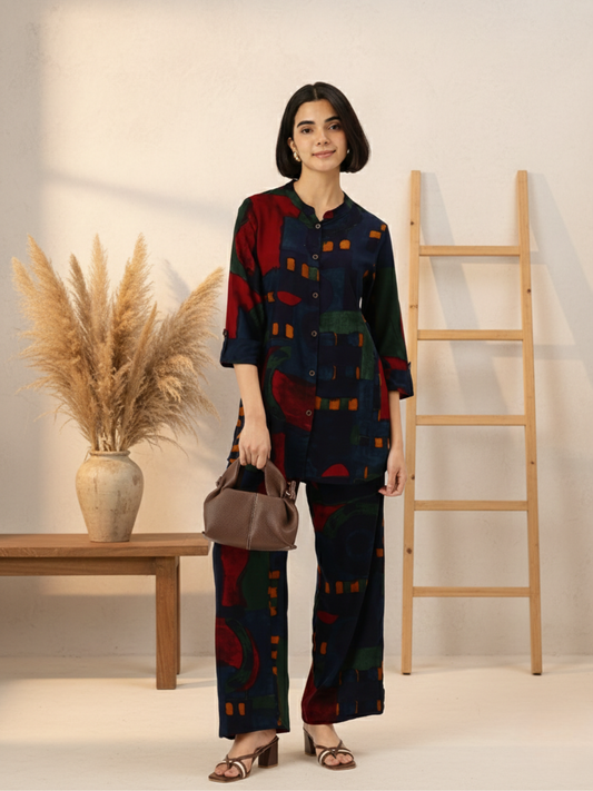 Abstract Printed Roll-Up Sleeves Tunic with Palazzos