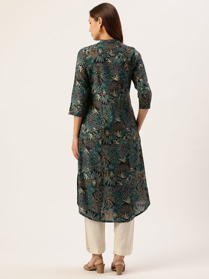 Green Tropical Printed A-Line Kurta