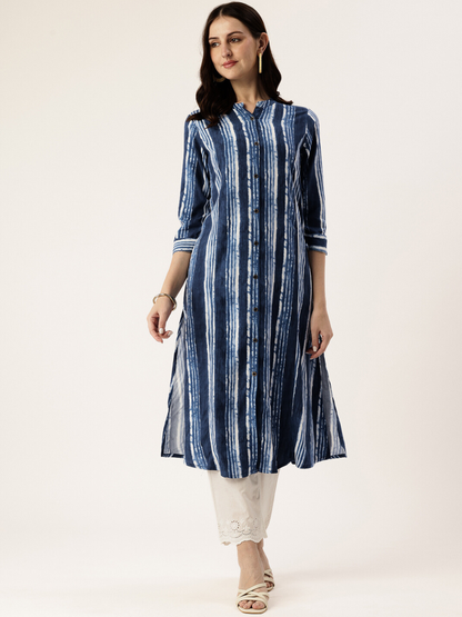 Blue Striped Mandarin Collar Kurta