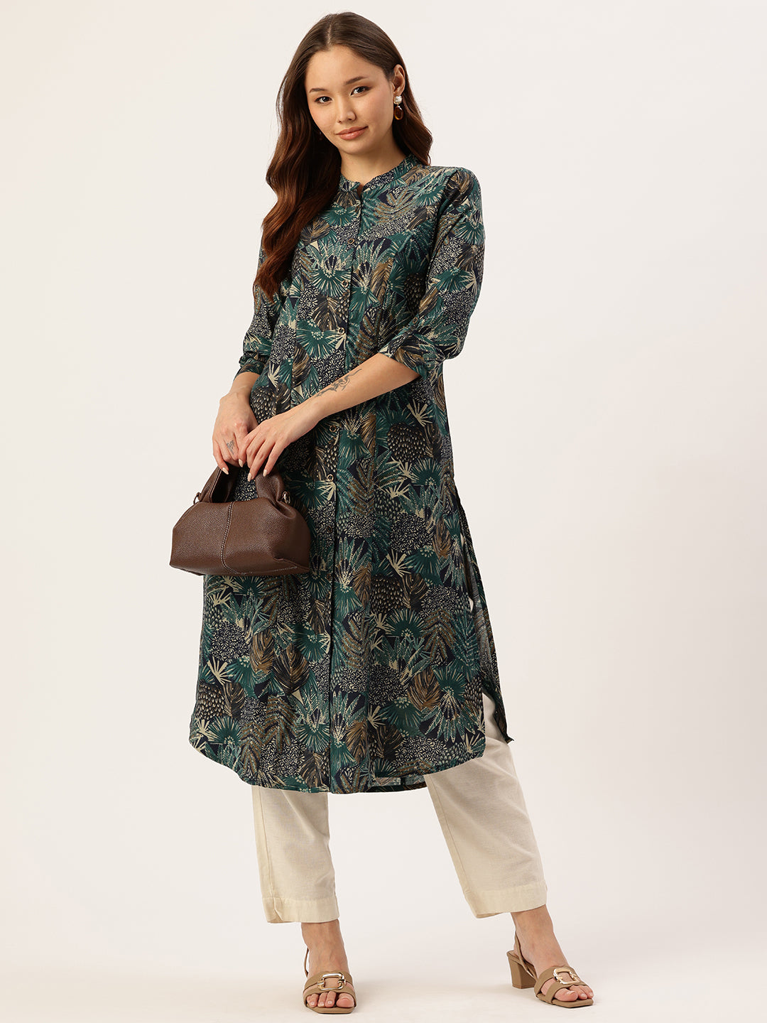 Green Tropical Printed A-Line Kurta