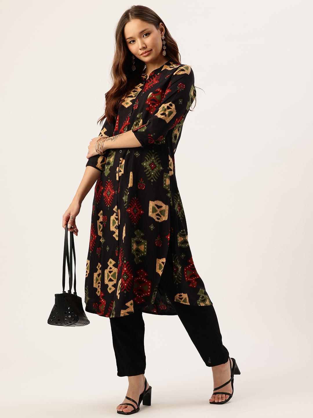 Black Geometric Printed A-Line Kurta