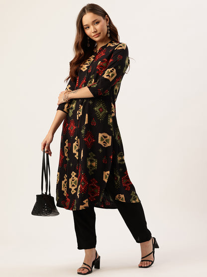 Black Geometric Printed A-Line Kurta