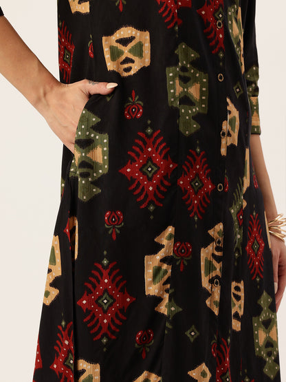 Black Geometric Printed A-Line Kurta