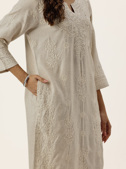 Beige Floral Embroidered Kurta