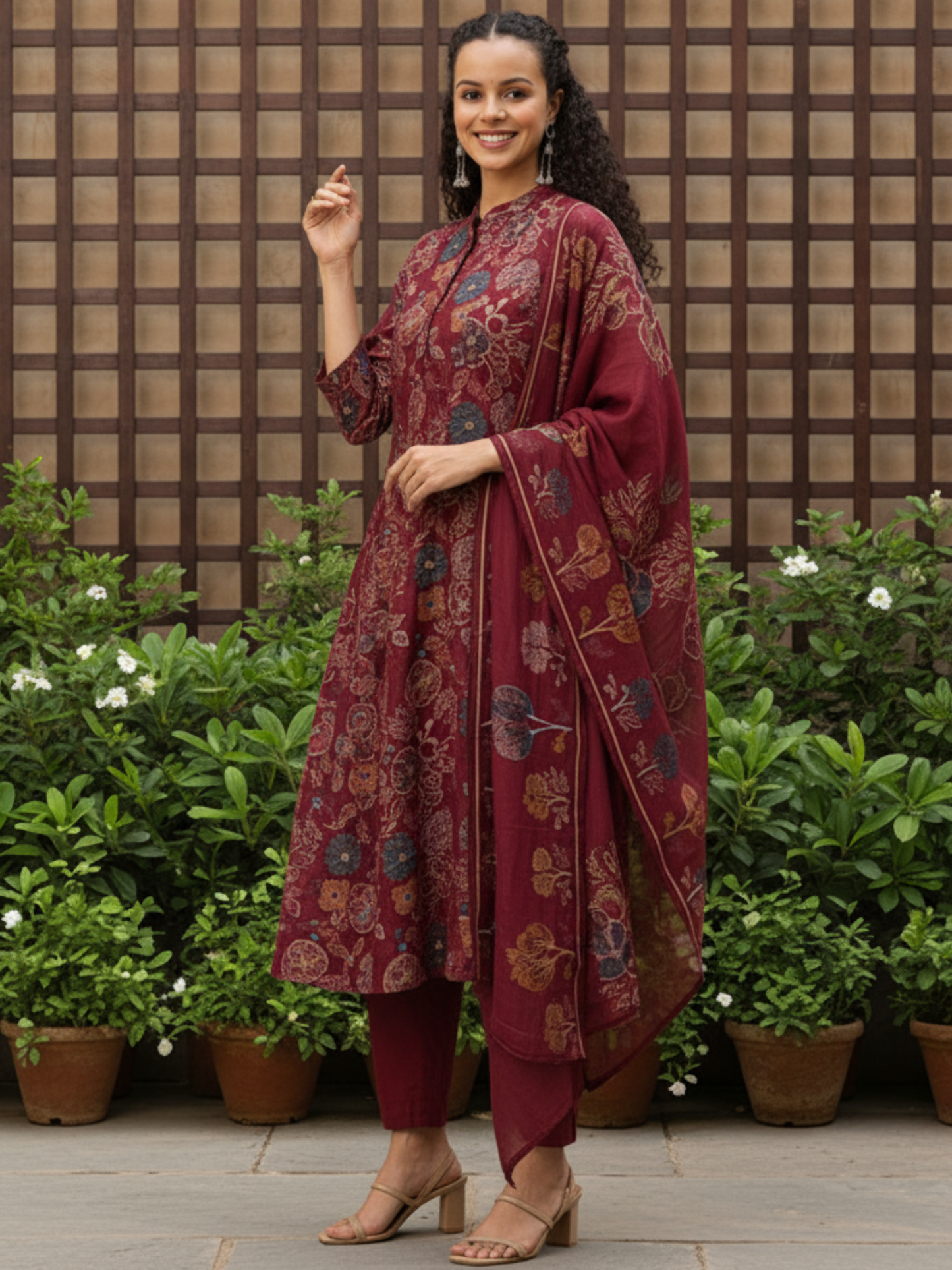 Maroon Floral Printed Kurta with Trousers & With Dupatta