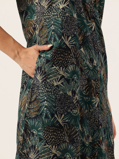 Green Tropical Printed A-Line Kurta