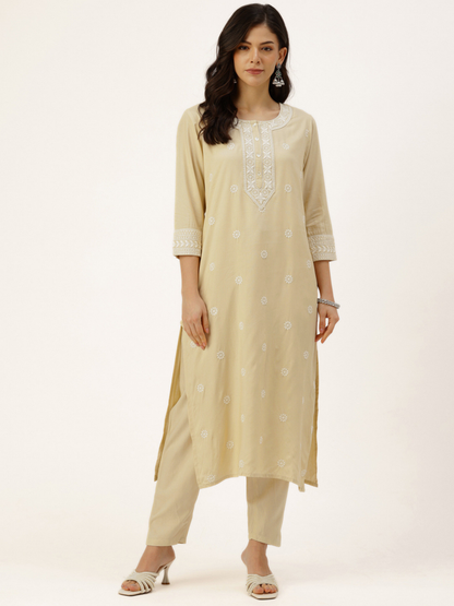 Beige Floral Embroidered Straight Kurta