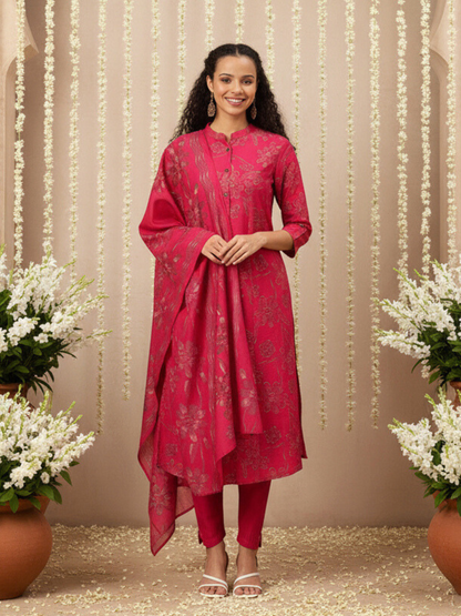 Pink Floral Printed Kurta with Trousers & With Dupatta