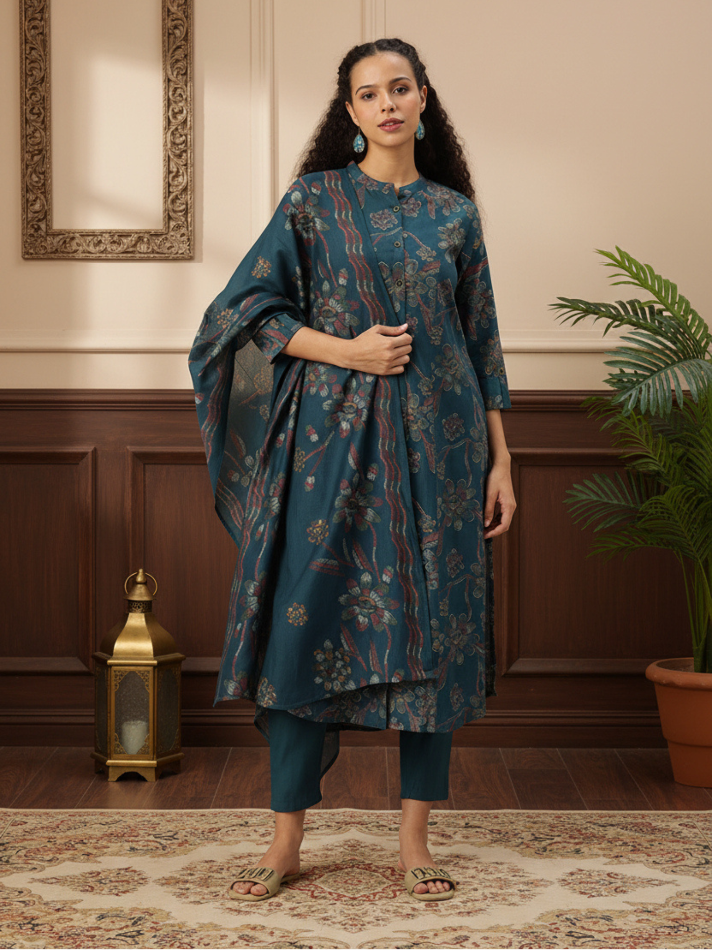 Teal Blue Floral Printed Kurta with Trousers & With Dupatta