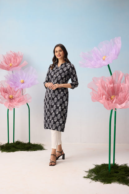 Black & White Floral Printed Kurta