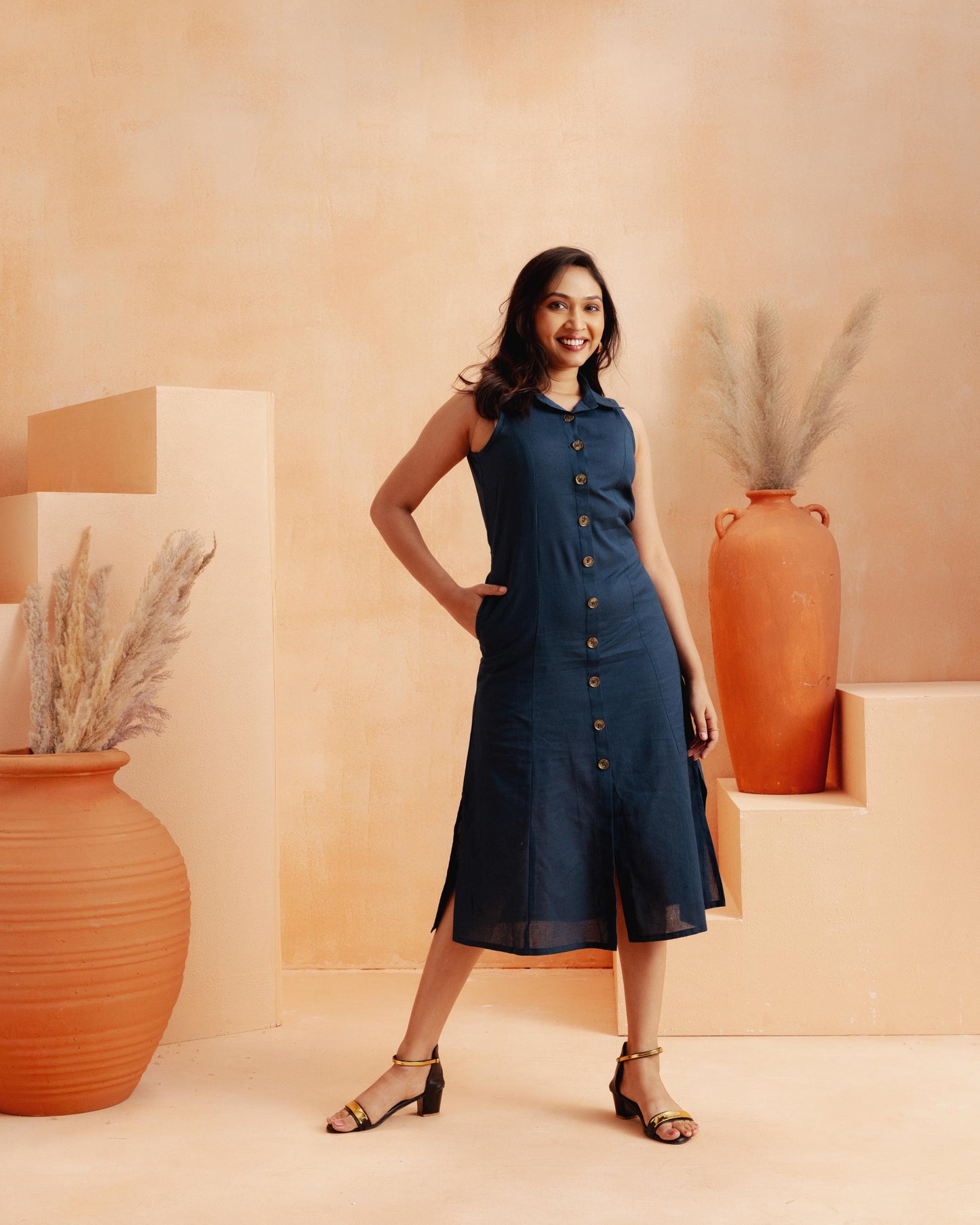 Navy Blue A-line Midi Dress