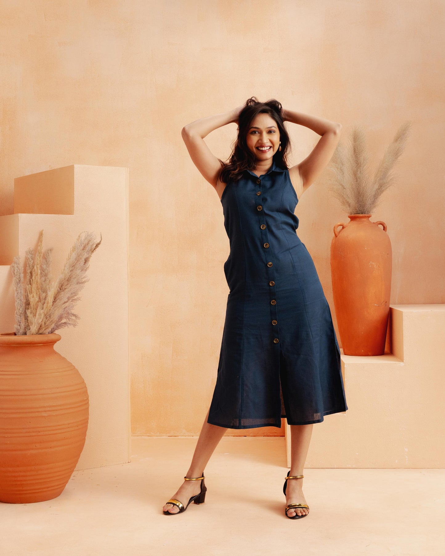 Navy Blue A-line Midi Dress
