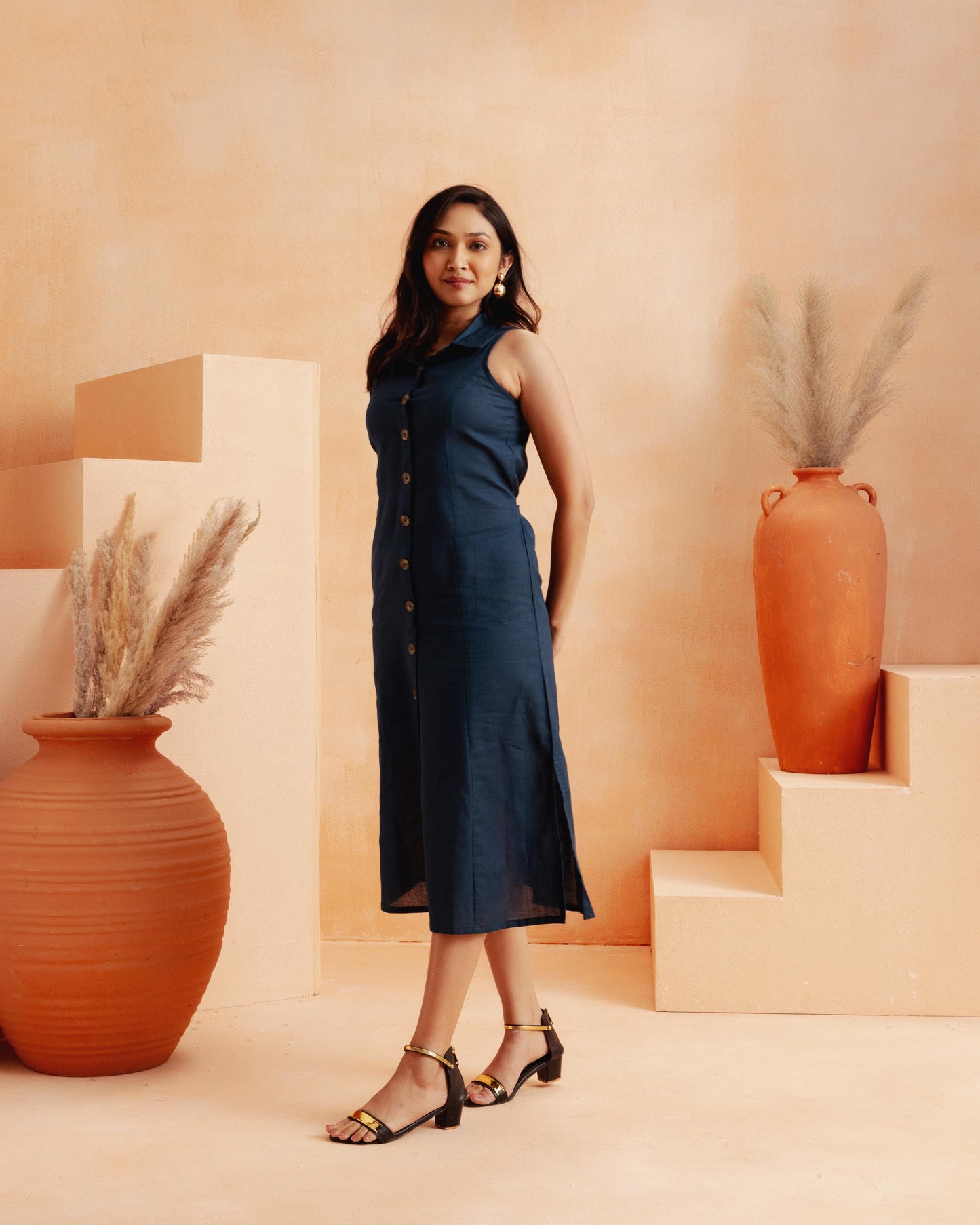 Navy Blue A-line Midi Dress