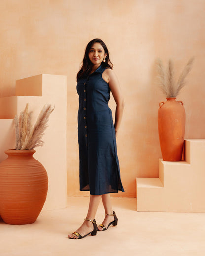 Navy Blue A-line Midi Dress