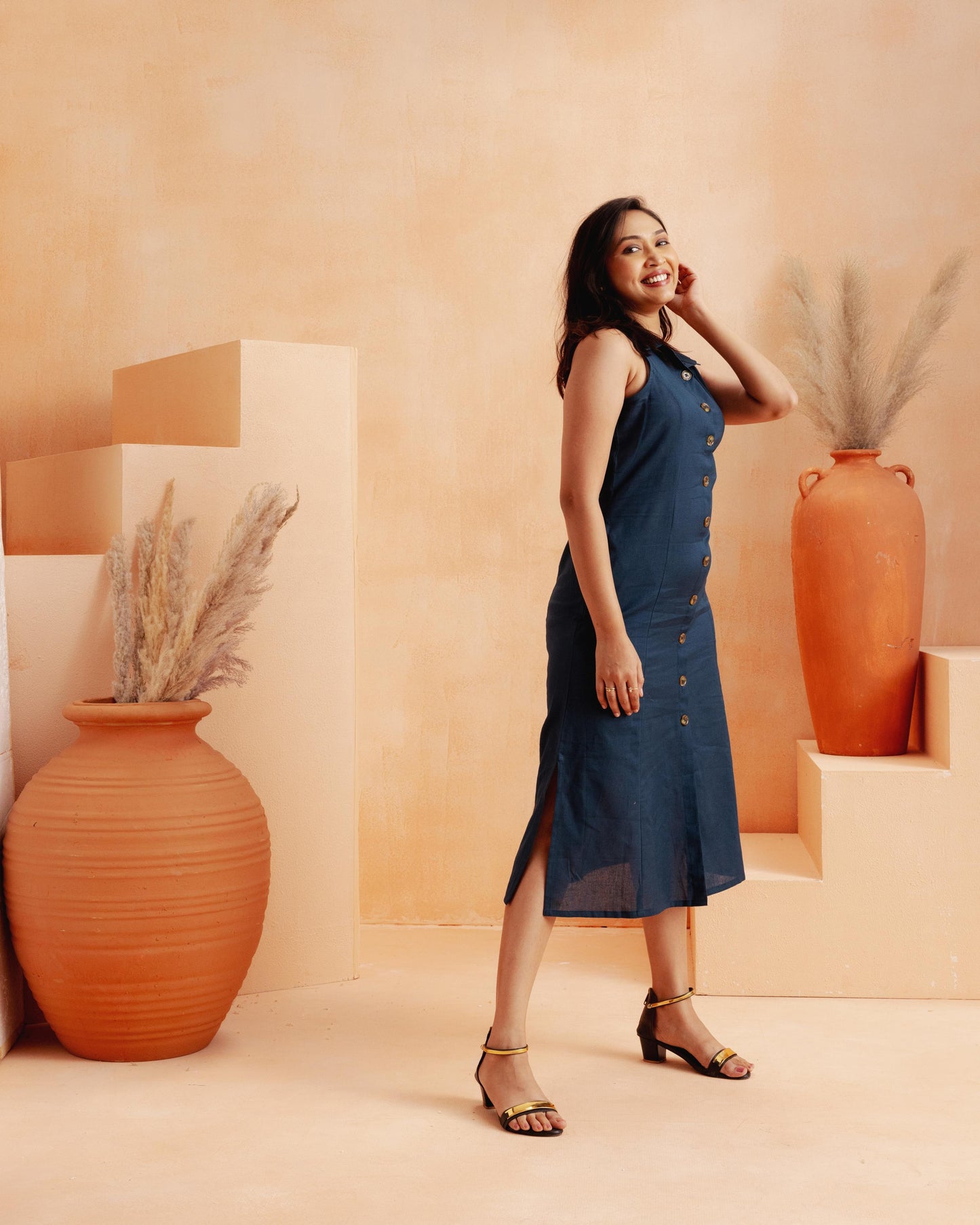 Navy Blue A-line Midi Dress