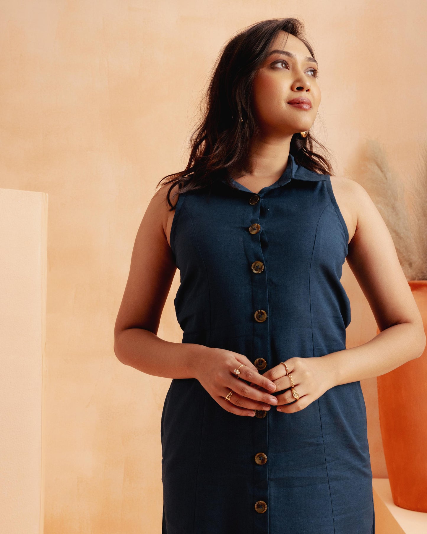 Navy Blue A-line Midi Dress