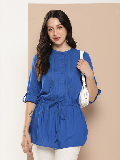 Blue Viscose Rayon Mandarin Collar Tunic