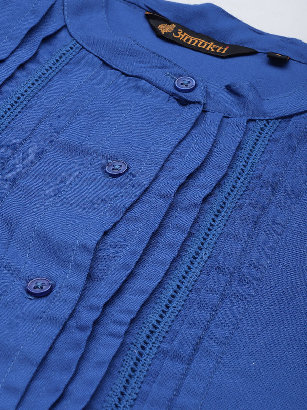 Blue Viscose Rayon Mandarin Collar Tunic