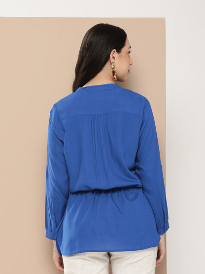 Blue Viscose Rayon Mandarin Collar Tunic