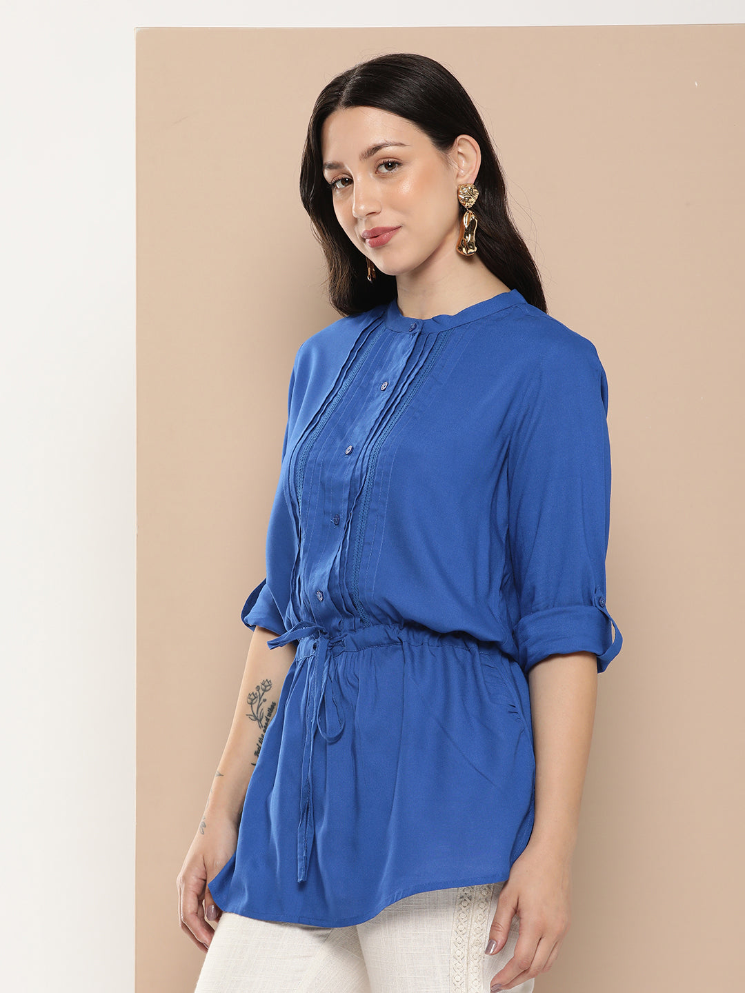 Blue Viscose Rayon Mandarin Collar Tunic