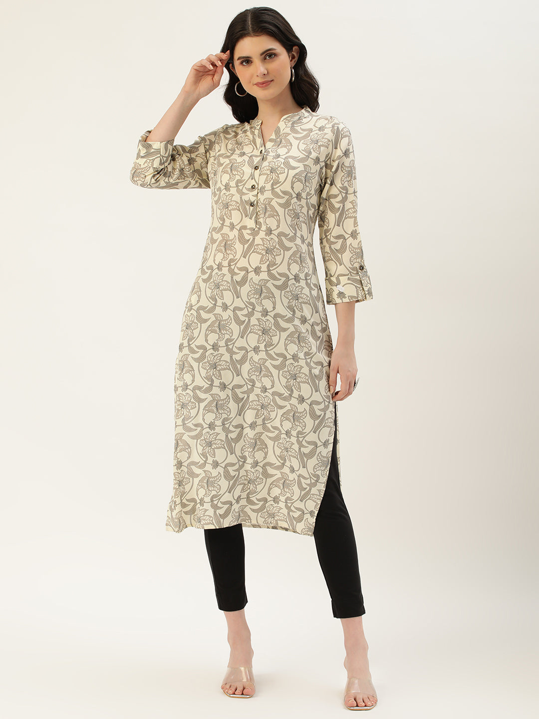 Beige Floral Printed Straight Cut Kurta