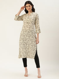 Beige Floral Printed Straight Cut Kurta