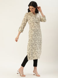 Beige Floral Printed Straight Cut Kurta