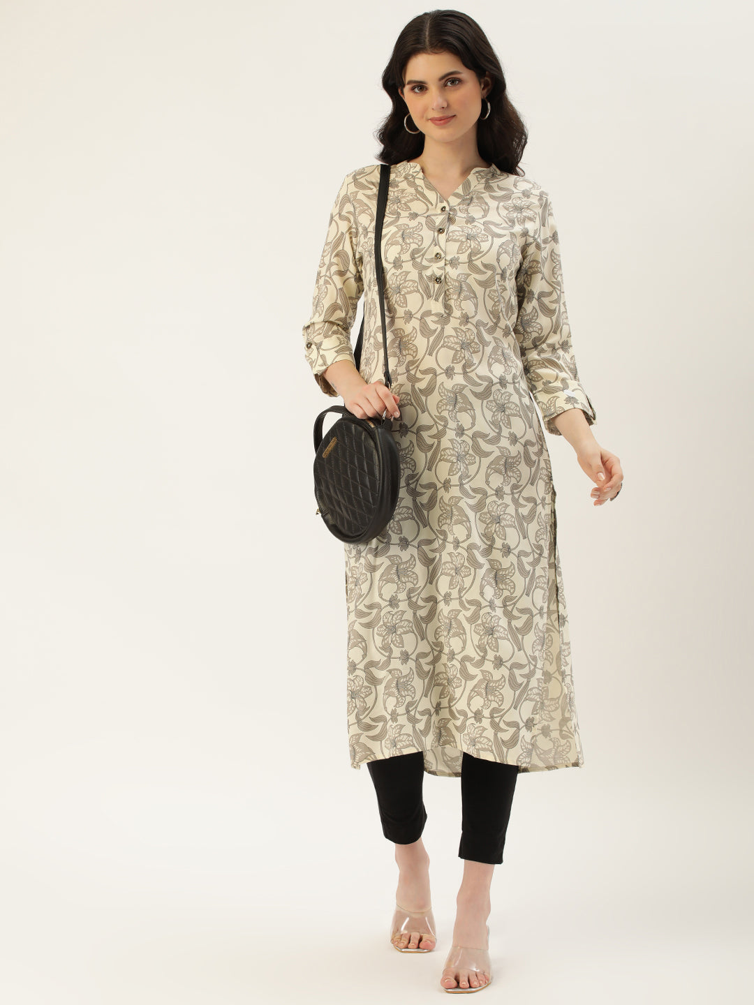 Beige Floral Printed Straight Cut Kurta