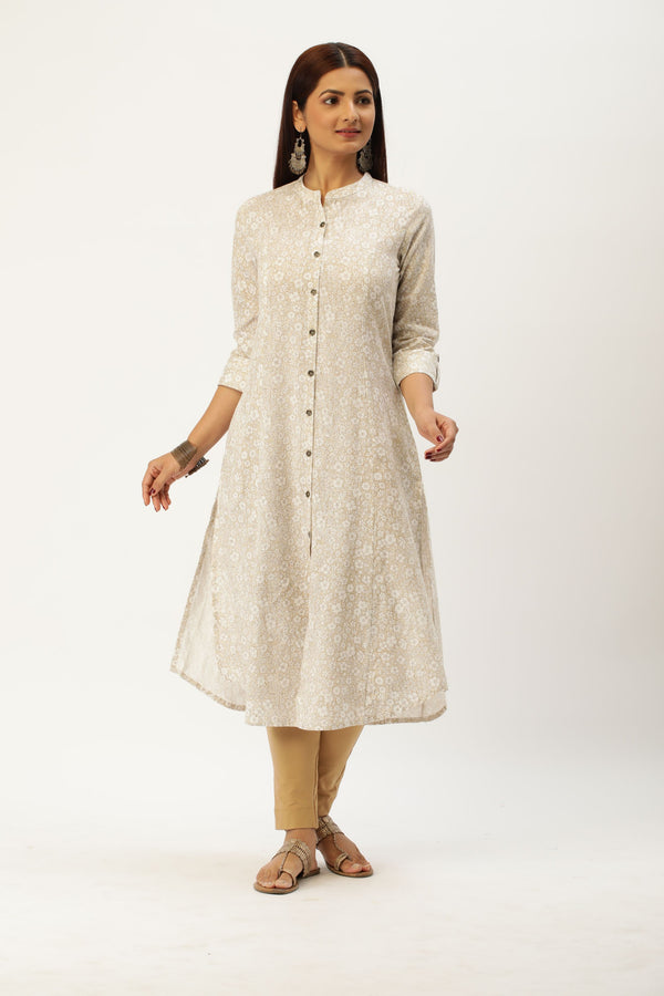 Beige Floral Printed A-Line Kurta