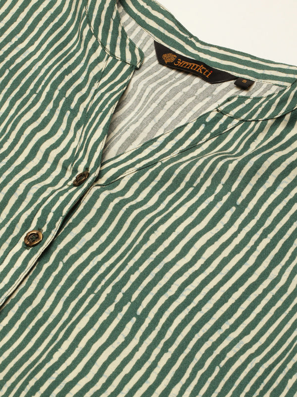 Green & Beige Striped Straight Cut  Kurta
